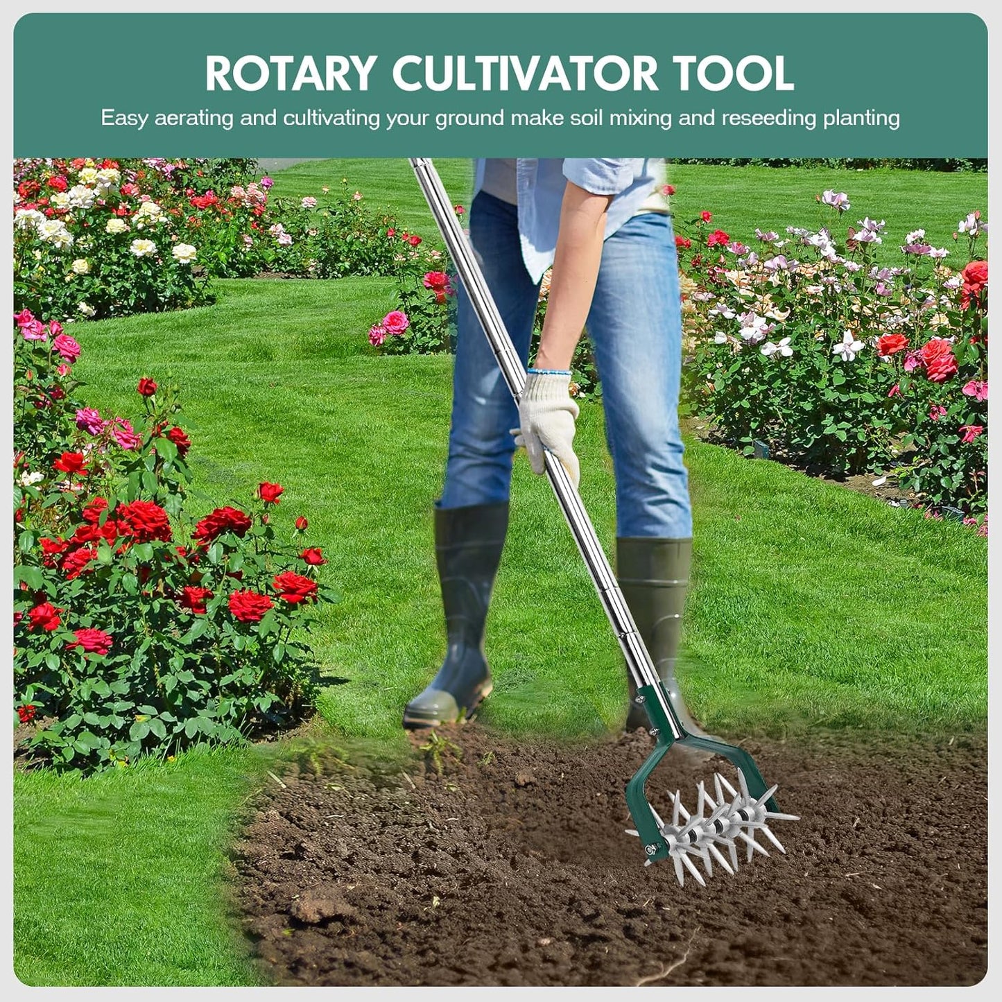 Rotary Cultivator Tiller Adjustable S/S Handle Rotary Tiller with Detachable Solid Metal Tines Garden Cultivator Lawn Tiller and Manual Tiller for Loosing and Mixing Soil
