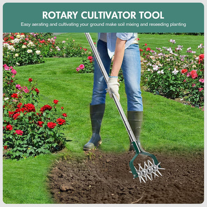 Rotary Cultivator Tiller Adjustable S/S Handle Rotary Tiller with Detachable Solid Metal Tines Garden Cultivator Lawn Tiller and Manual Tiller for Loosing and Mixing Soil