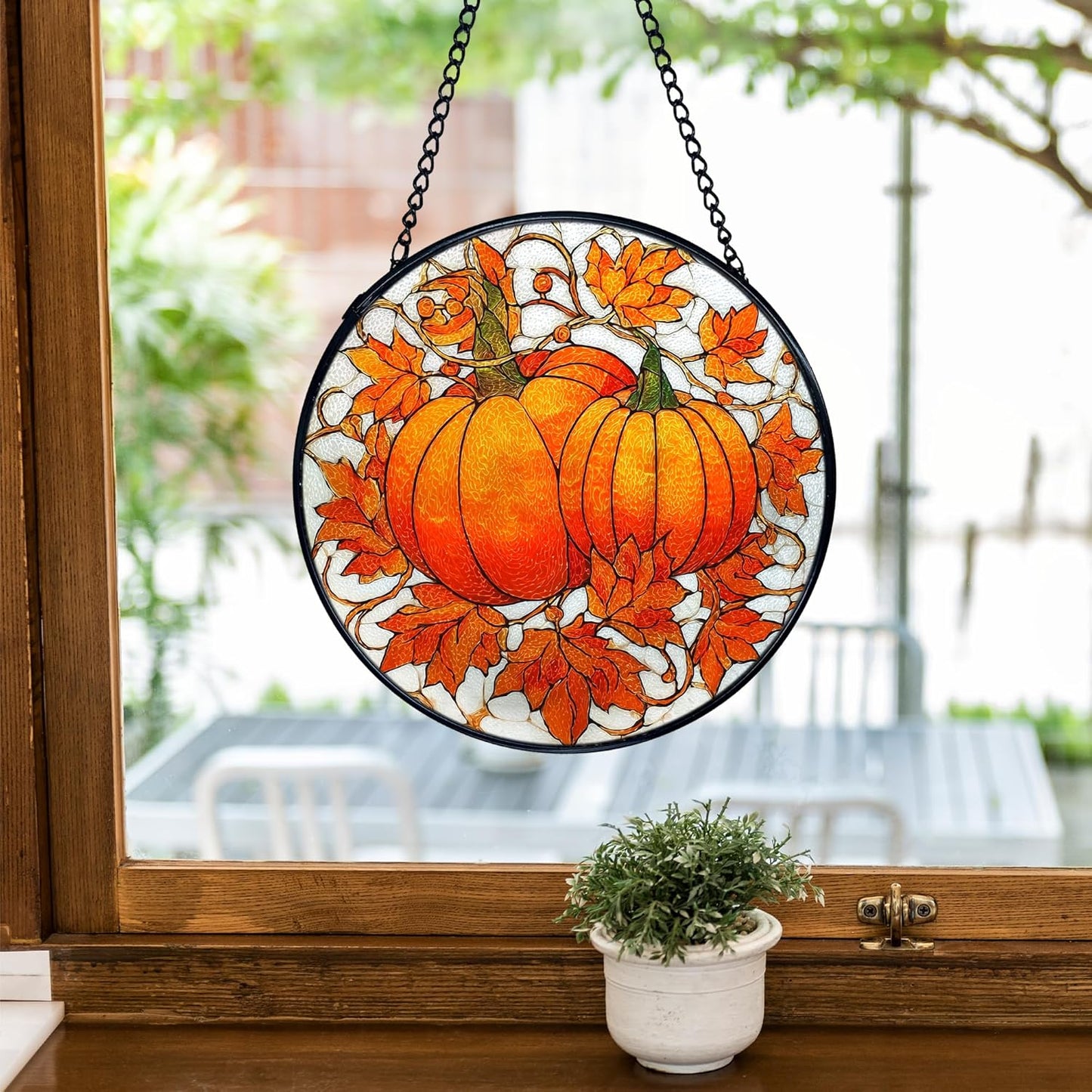 TNUW Fall Autumn Pumpkin Stained Glass Window Hanging, Farmhouse Autumn Pumpkin Maple Leaf Sun Catchers Indoor Window Glass Round Wall Art Decor, Rustic Fall Wall Hanging Decorations, 7.9＂x7.9＂