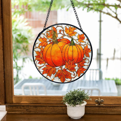 TNUW Fall Autumn Pumpkin Stained Glass Window Hanging, Farmhouse Autumn Pumpkin Maple Leaf Sun Catchers Indoor Window Glass Round Wall Art Decor, Rustic Fall Wall Hanging Decorations, 7.9＂x7.9＂
