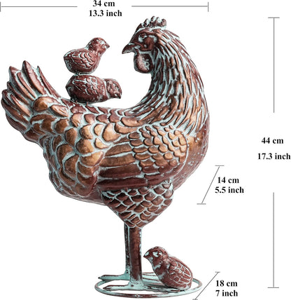 Metal Garden Chicken Sculpture Decor Antique Copper Rooster and Hen with Chicks Outdoor Statues Yard Art