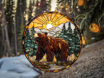 Bear Forest Scene Acrylic Suncatcher Window Hanging Cabin Decor Rustic Home Decoration Gift for Nature Lovers