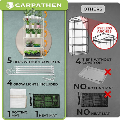 Carpathen Indoor Greenhouse with Grow Lights - 4 Tiers 27.2"L x 19.3"W x 54"H with 2 Dimmable 15W Full Spectrum LED Light Strips and Spectrum Control and Heat Mat - Mini Greenhouse with Zip PVC Cover