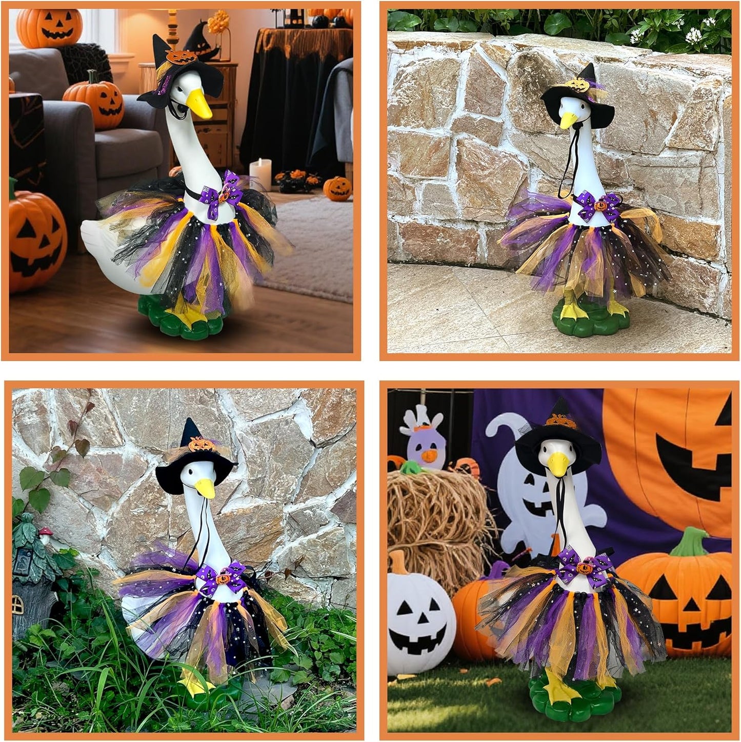 Halloween Porch Goose Statues with Outfits Decor - 20" Big White Goose Resin Figurine, Autumn Halloween Goose Outfits with Hat Bow Tie for Party Decoration, Porch, Yard, Patio, Lawn,Women/Girl Gift