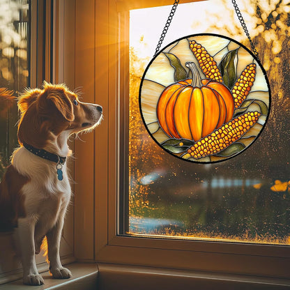 Stained Glass Window Hanging Autumn Harvest Pumpkin Corn 7.8" - Suncatcher Door Garden Kitchen Sunroom Sun Catcher Fall Home Decor Birthday for Mom Grandma Men Woman