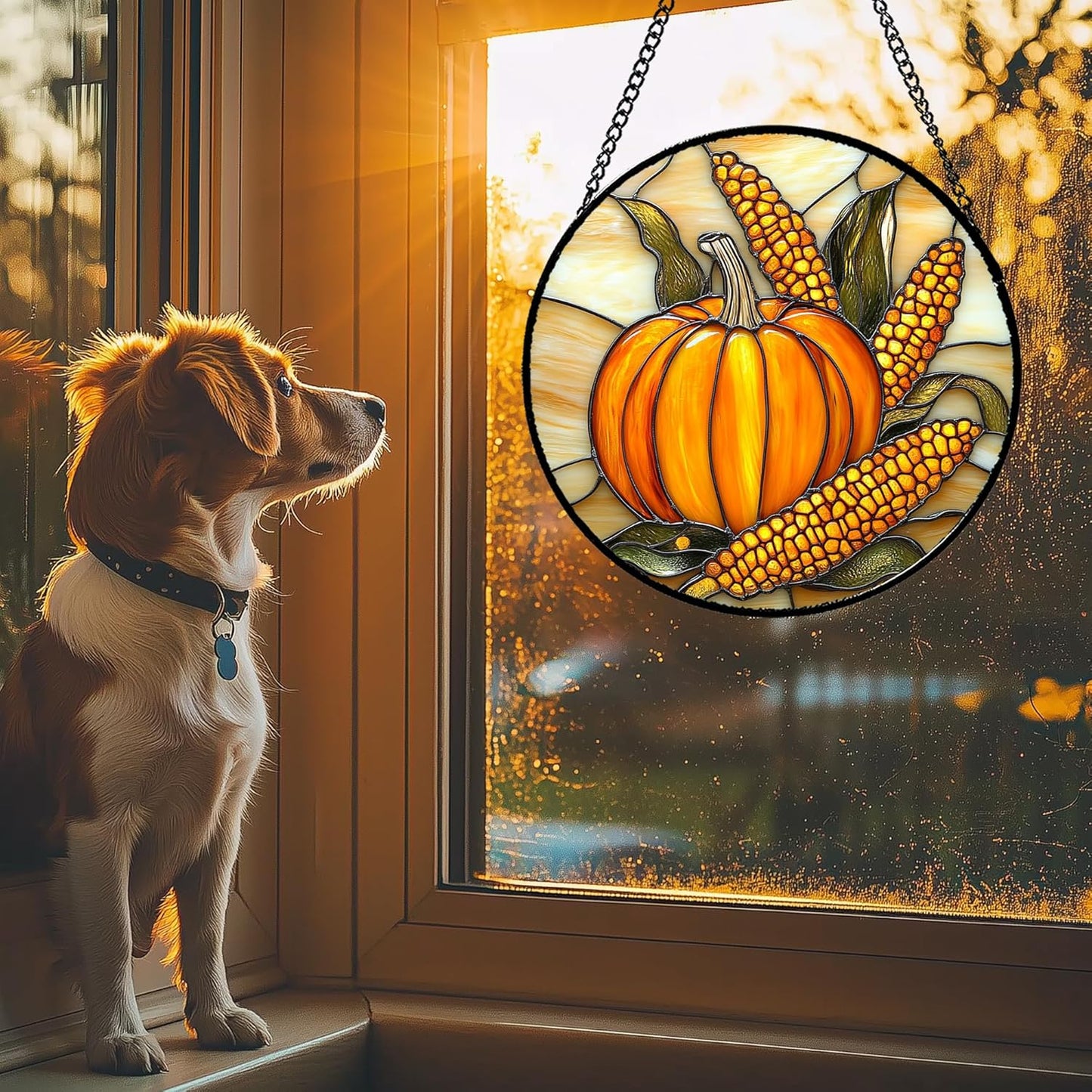 Stained Glass Window Hanging Autumn Harvest Pumpkin Corn Large 15" - Suncatcher Door Garden Kitchen Sunroom Sun Catcher Fall Home Decor Birthday for Mom Grandma Men Woman