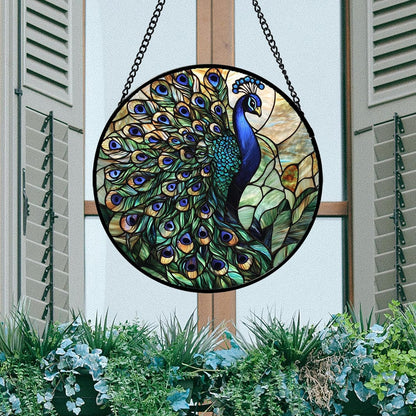 Stained Glass Window Hanging, Turquoise Peacock Sun Catcher for Door Home Decor Blue Green Suncatcher Christmas Mother's Day Birthday Gifts for Women Men Mom and Nana 6.3 in
