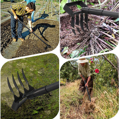 Garden Hoe Stirrup Hoe Weeding Tools, 2-in-1 Garden Hoe for Weeding with 62.6" Adjustable Handle, Heavy Duty Gardening Tools with 4 Tines for Weeding, Loosening, Digging and Cultivation