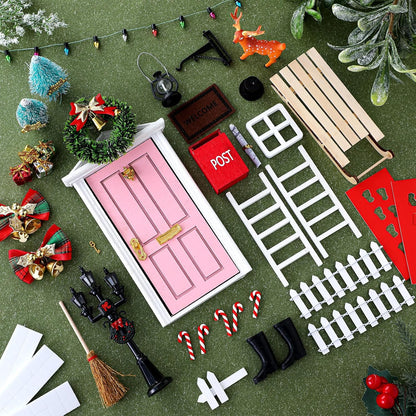 Shappy 39 Pcs Christmas Fairy Door Kit Wooden Elf Fairy Doors Decorations with Accessories Mini Door Tiny Miniature for Christmas Tale DIY Craft Garden Home Party Decoration (Pink)