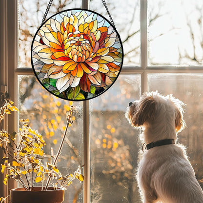 Stained Glass Window Hanging - Chrysanthemum Suncatcher for Doors Garden Patio Birth Flowers Sun Catchers Decor Christmas Mother's Day Birthday Gifts for Women Men Mom Nana Friend 7.8 in