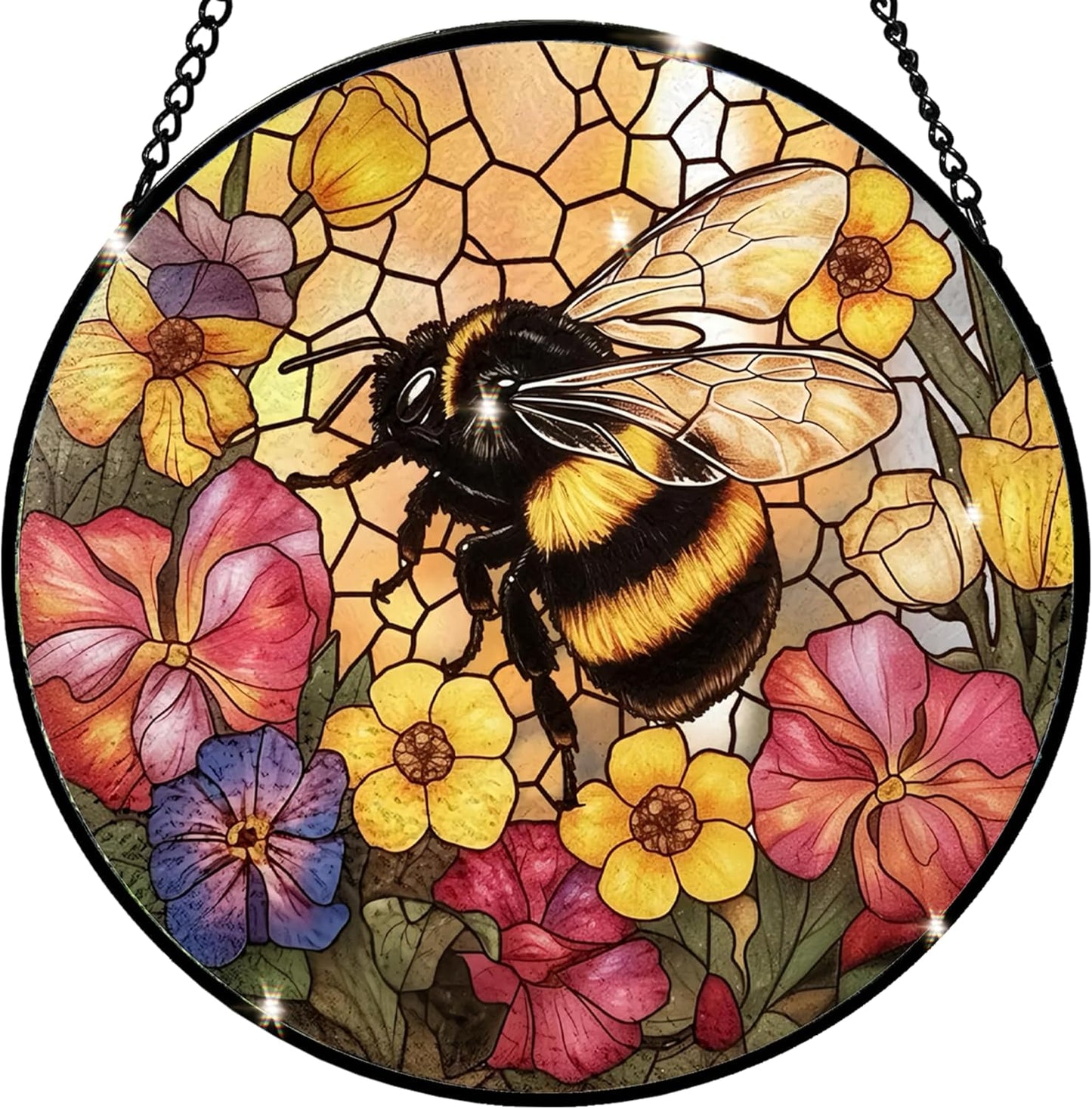 Bee Stained Glass Suncatcher - Handcrafted 7.87 inch suncatcher with Vibrant Wildflower Stained Glass Window Hanging for Home Garden Decoration, Makes a Unique Gift for bee Lovers, Friends and Family