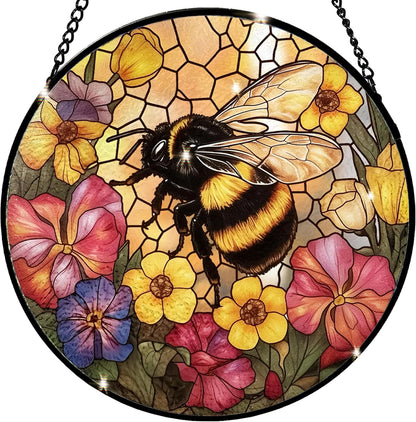 Bee Stained Glass Suncatcher - Handcrafted 7.87 inch suncatcher with Vibrant Wildflower Stained Glass Window Hanging for Home Garden Decoration, Makes a Unique Gift for bee Lovers, Friends and Family