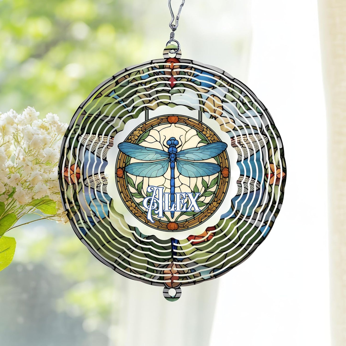 Personalized Dragonfly Wind Spinner 3D Stainless Steel, Dragonfly Garden Spinner Hanging Outdoor Decor, Wind Spinners Outdoor, Custom Gift for Grandmother, Mom, Wife
