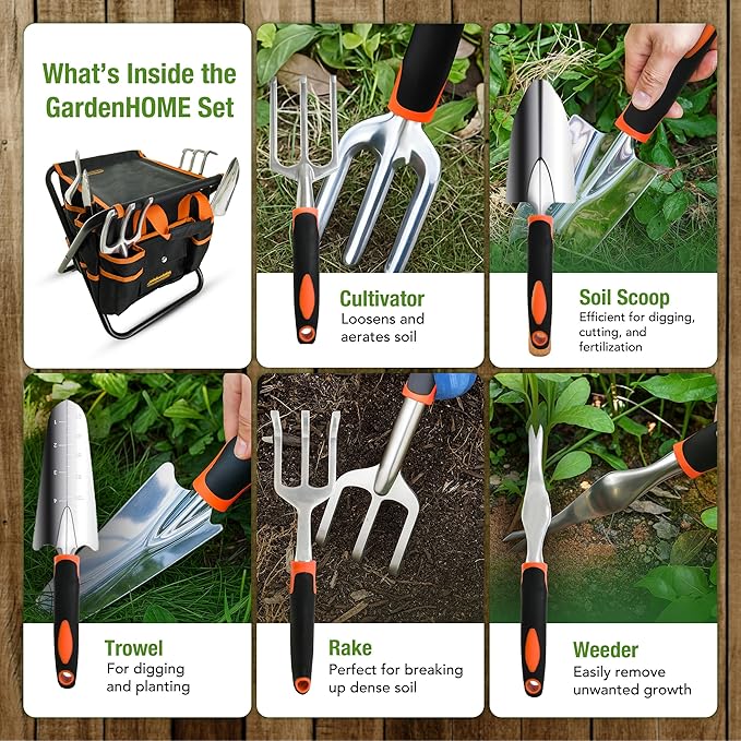 GardenHOME 7-Piece Gardening Tool Set – Stainless Steel Tools with Heavy-Duty Folding Stool and Canvas Tote Bag, Black and Orange – Practical for Men, Gardeners, and DIY Yard Work