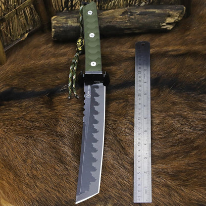 BA-KOR 15.8in Full Tang Japanese Style Outdoor Knife –8mm DC53 Steel, Nylon Fiber Handle &Sheath, Hunting Survival Knife+(5.9in) cerium igniter (Green handle and black blade (8mm))