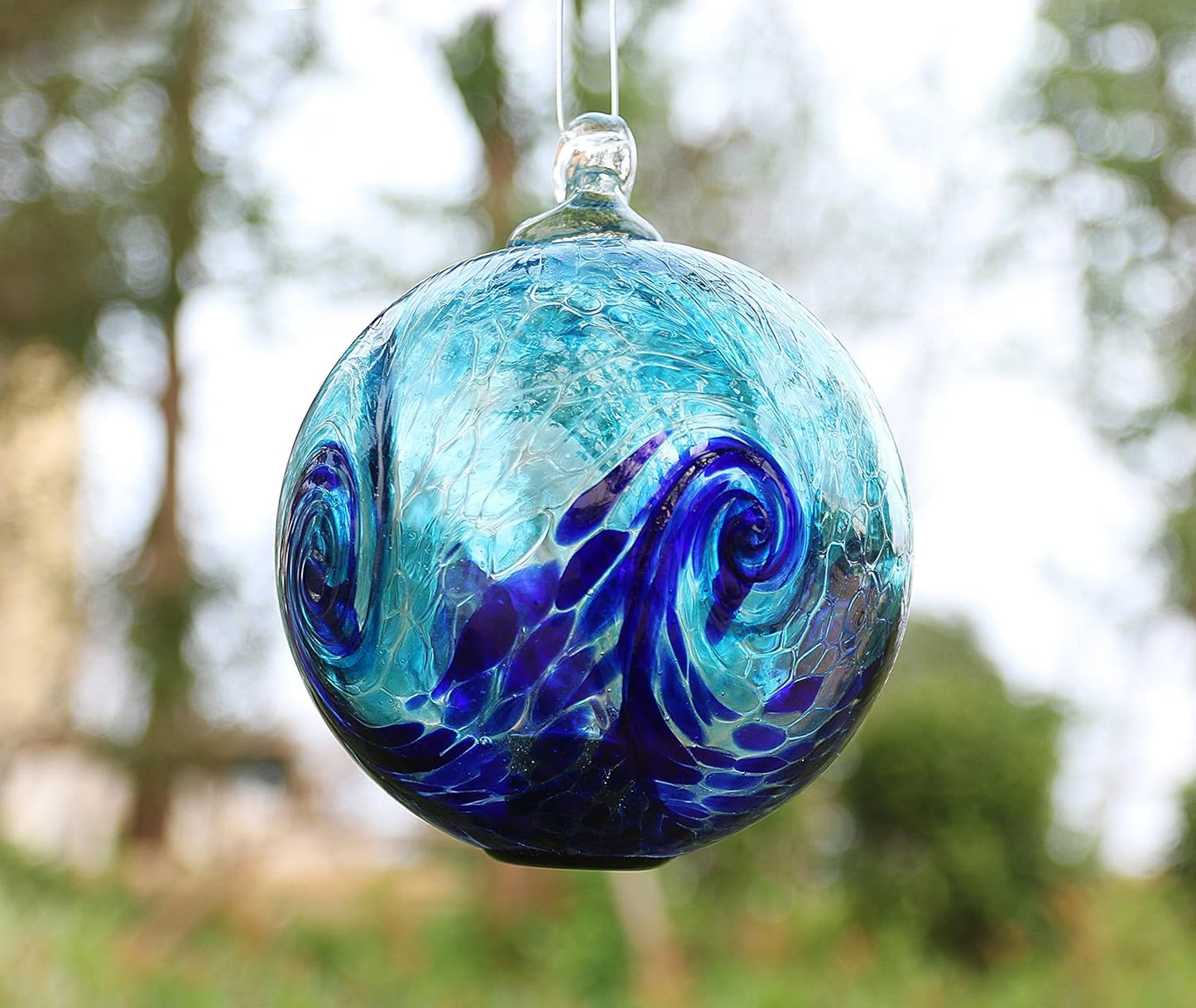 6-Inch Solar Hanging Glass Gazing Ball Outdoor Garden Décor Aqua-Blue Swirl