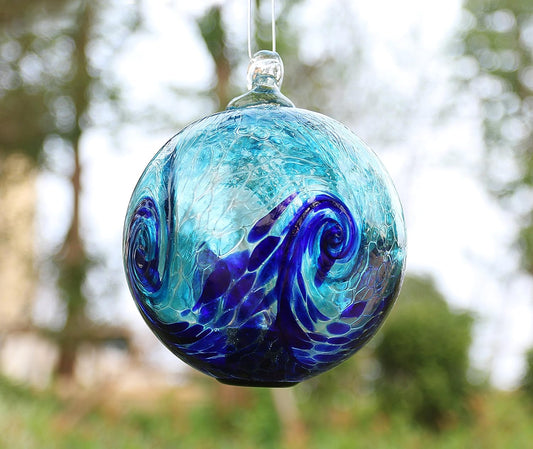 6-Inch Solar Hanging Glass Gazing Ball Outdoor Garden Décor Aqua-Blue Swirl