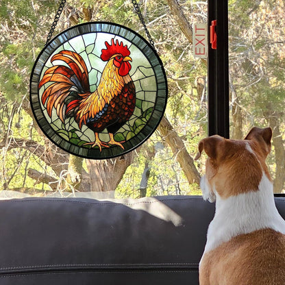Stained Glass Window Hanging - Rooster Suncatcher for Doors Garden Patio Retro Colored Chicken Sun Catchers Decor Christmas Mother's Day Birthday Gifts for Women Men Mom Nana Friend 6.3 in