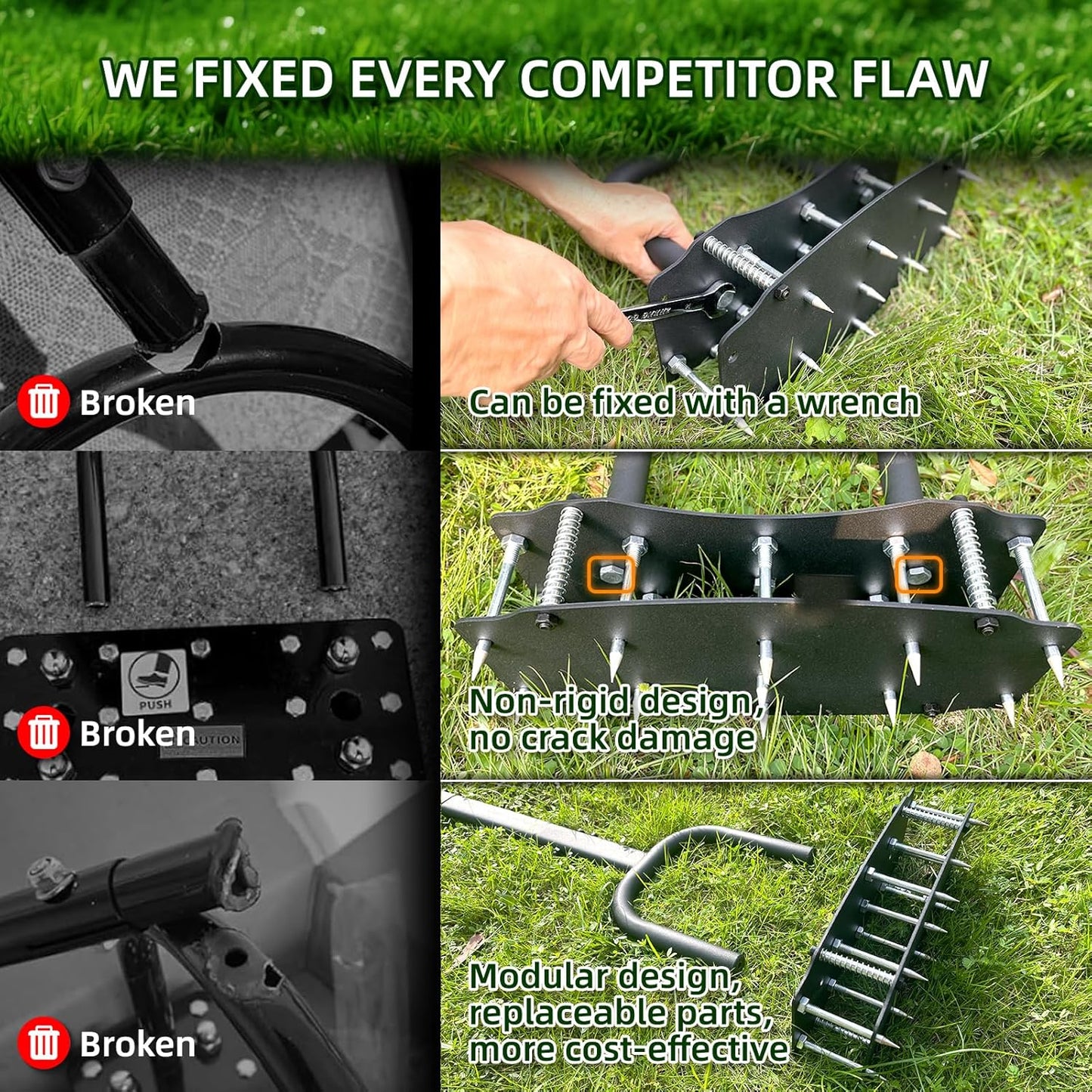 [Bolt-On Base] Lawn Aerator - Kick to Unclog Jammed Springs in 3 Secs! No Welding to Ever Break, 12.2"x6" Wide Plate Saves 20% Time, for Compacted Clay Soil (Pre-Assembled)