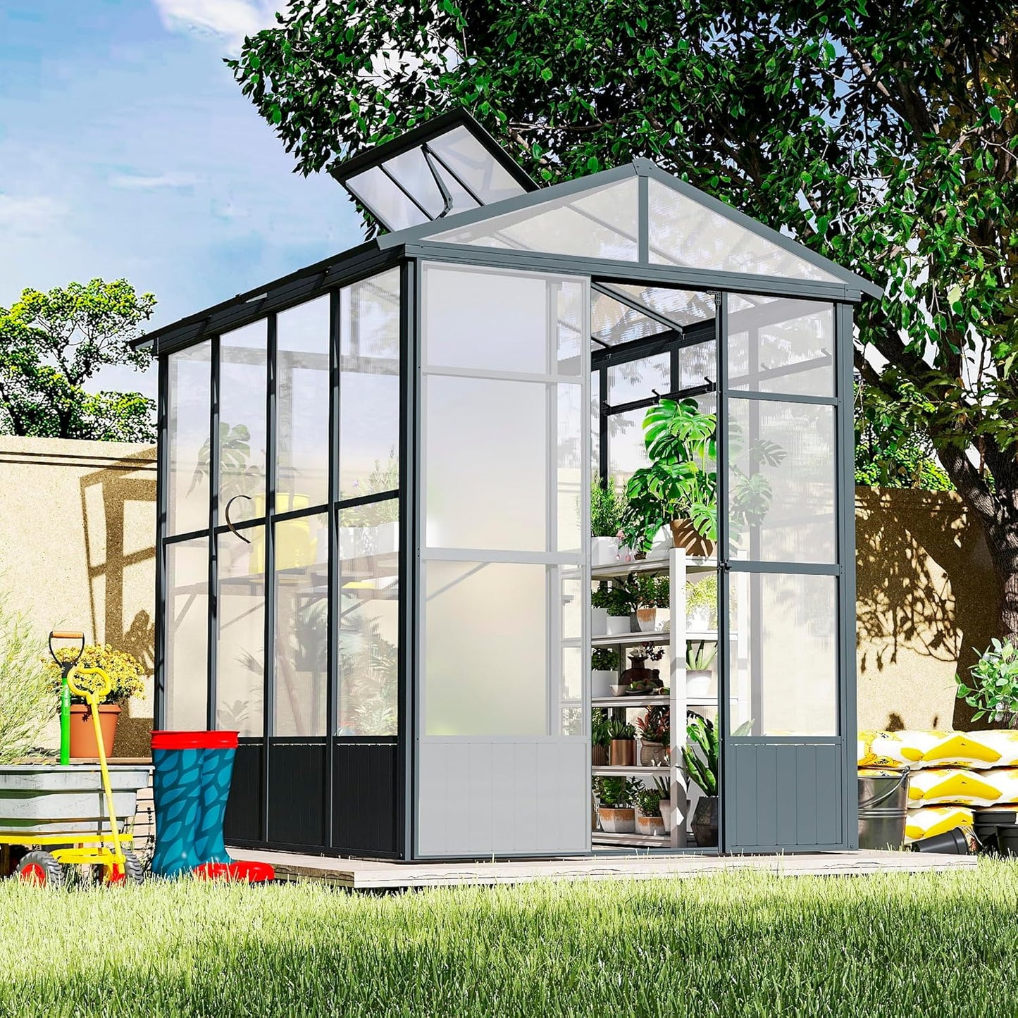 Domi 6.5x8FT Polycarbonate Greenhouse with Automatic Vent, Extra Tall 7.8FT Walk-in Aluminum Frame, Weather-Resistant Green House with Shelves & Hooks for Outdoor Garden, Backyard, Dark Grey