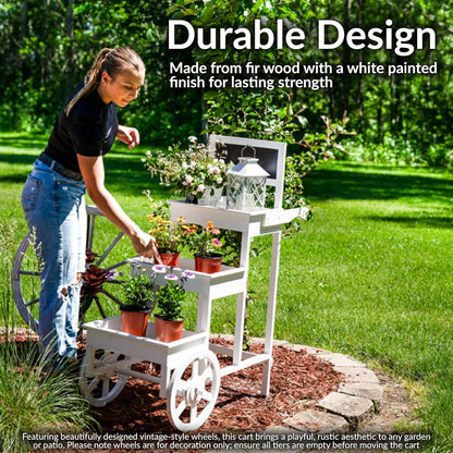 Sunnydaze 3-Tiered Flower Cart Display Stand with Wheels - Flower Display Stand or Planter - Wooden Cart with Chalkboard - White