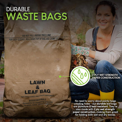 30 Gallon Kraft Lawn and Leaf Bags (20 Pack) Eco-Friendly Heavy Duty Large Paper Trash Bags, Made in the USA Tear Resistant Yard Waste Bags for Grass Clippings, Wet and Dry Leaves, Weeds, Twigs