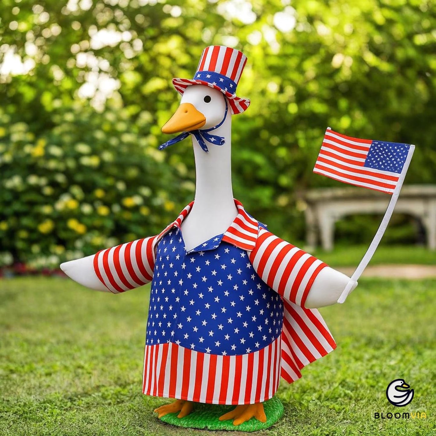 Lawn Goose Outfit – Glossy Cape & Adjustable Hat for 23″ Goose Statue – Halloween & Vampire & USA Flag Costume