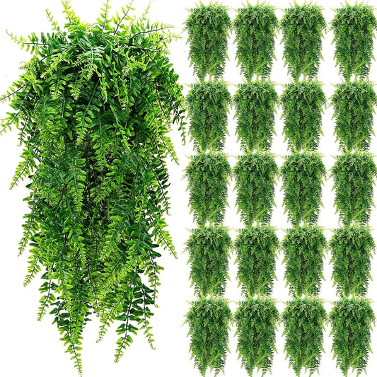 Geosar 20 Pcs Artificial Hanging Plants 32 Inch Hanging Boston Ferns Plastic Fake Plants for Wall