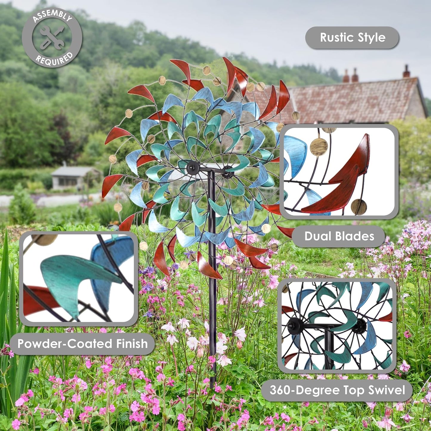 Sunnydaze Rainbow Breezes Metal Garden Wind Spinner - Removable Pole Sections for Adjustable Height - Dual-Motion Blades - 84" H