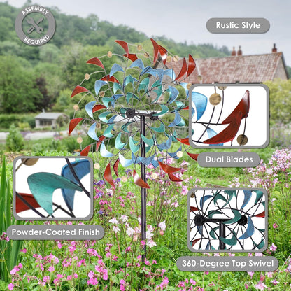 Sunnydaze Rainbow Breezes Metal Garden Wind Spinner - Removable Pole Sections for Adjustable Height - Dual-Motion Blades - 84" H