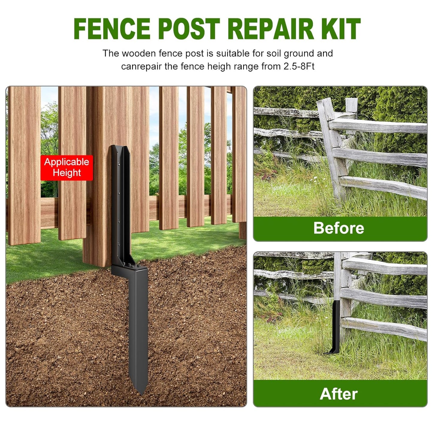 Fence Post Repair Kit，Heavy Duty Steel Fence Post Anchor Ground Spike ，Quick Fix Broken/Leaning Wood Posts with，and Fixed Fence Posts（2-Pack）