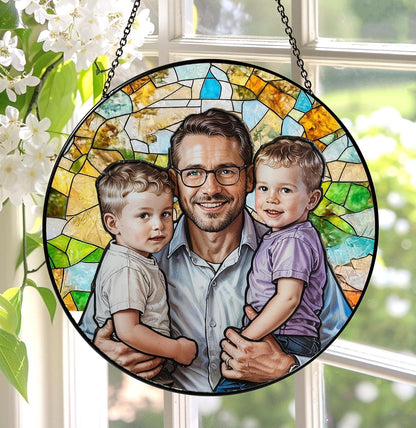 LOVELYPOD Personalized Dad Stained Glass Sun Catcher, Photo Family Portrait Faux Window Hanging Ornament, Custom Photo Gift for Dad from Son Daughter, Grandpa Gifts