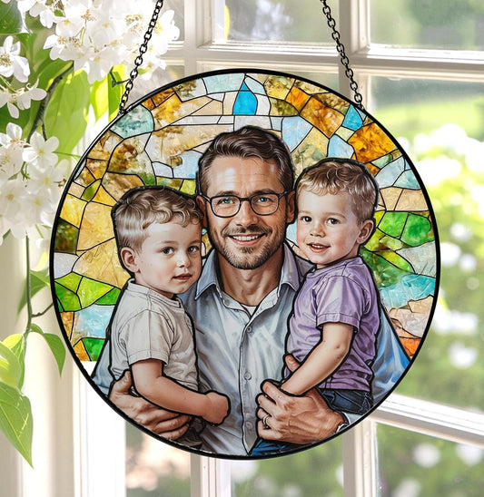 LOVELYPOD Personalized Dad Stained Glass Sun Catcher, Photo Family Portrait Faux Window Hanging