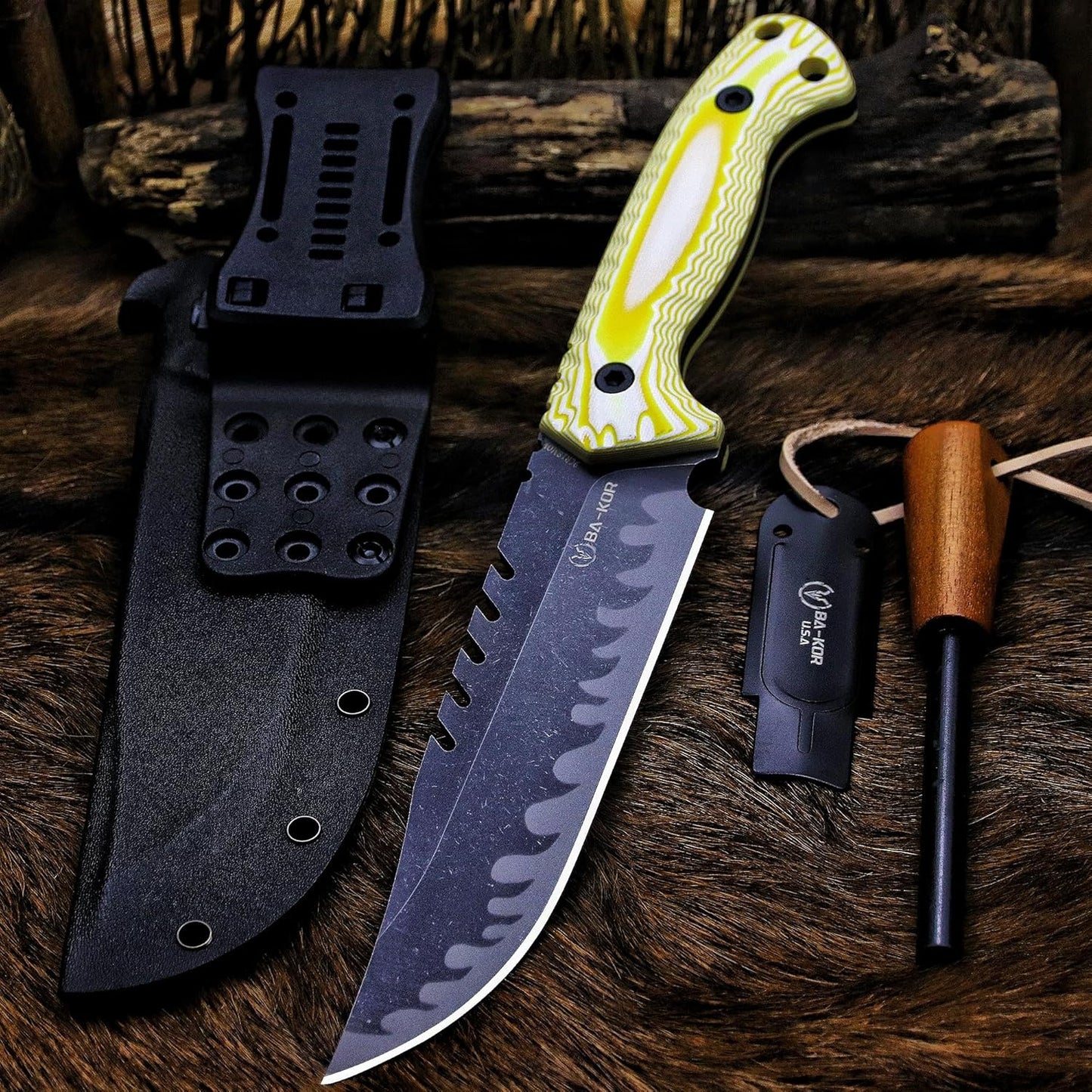 BA-KOR 12.4in Full Tang Fixed Blade Hunting Knife – 6mm 9CR18MoV Steel, G10 Handle, Stonewashed Sawback Blade with Kydex Sheath & Fire Starter for Outdoor, Camping, Survival (White and yellow stripes)