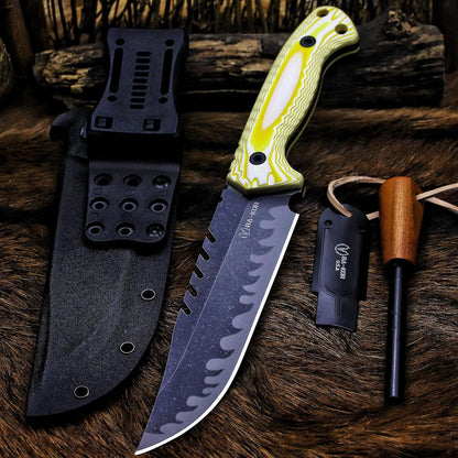 BA-KOR 12.4in Full Tang Fixed Blade Hunting Knife – 6mm 9CR18MoV Steel, G10 Handle, Stonewashed Sawback Blade with Kydex Sheath & Fire Starter for Outdoor, Camping, Survival (White and yellow stripes)