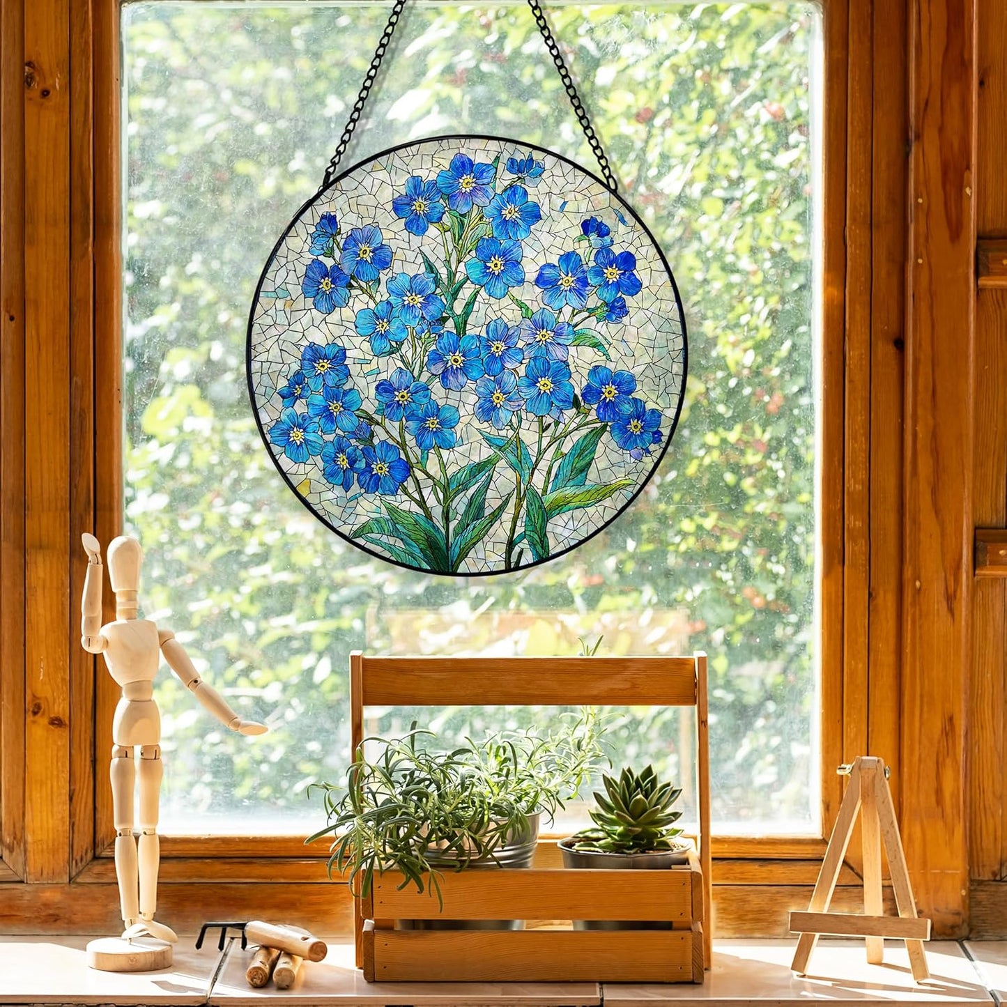 Blue Forget Me Not Flower Suncatcher Stained Glass Window Hanging, Blue Floral Sun Catchers Indoor Window Glass Round Wall Decor, Floral Wall Art Hanging Decorations, ＂7.8x7.8＂