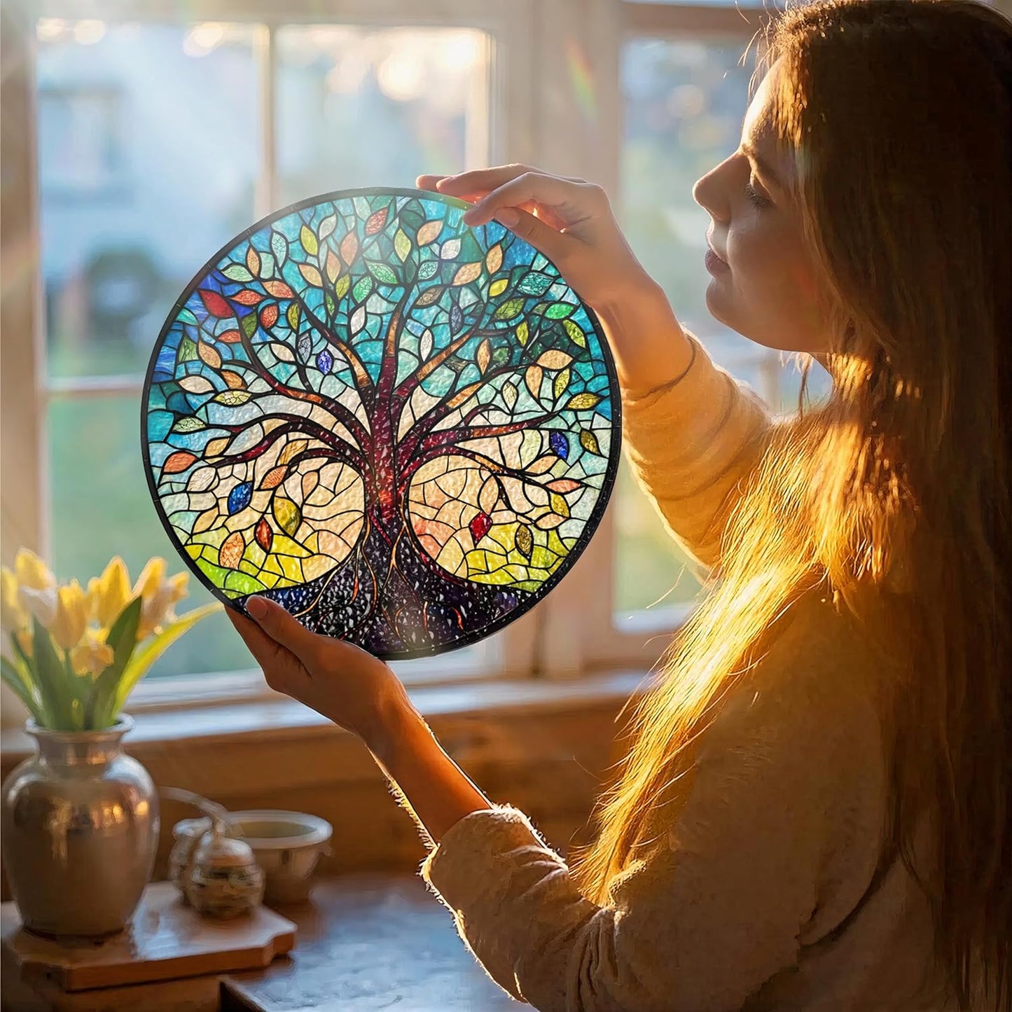 Tree of Life Stained Glass Sun Catcher - Handcrafted 7.87 Inch, Blue Sun Catcher Decoration, Stained Glass Window Hanging, Outdoor Garden Decor Gift, Gift for Friends, Family, Coworkers, Classmates