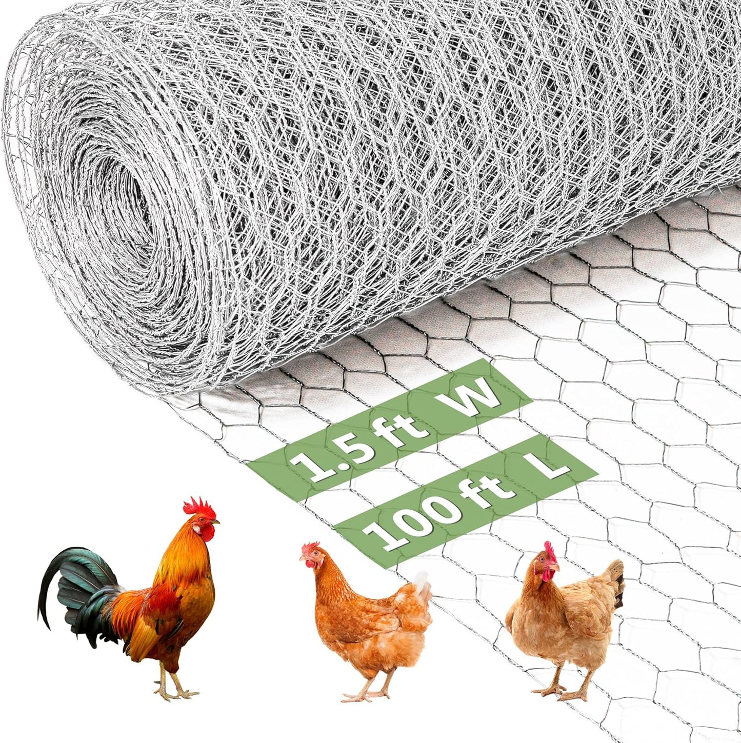 Chicken Wire Fencing Mesh, Galvanized Hexagonal Floral Chicken Wire, Outdoor Anti-Rust Chicken Wire Poultry Netting for Garden Fence (1.5 ft x 100 ft, Hot-Dipped)