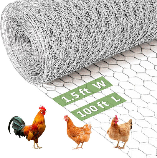 Chicken Wire Fencing Mesh, Galvanized Hexagonal Floral Chicken Wire, Outdoor Anti-Rust Chicken Wire Poultry Netting for Garden Fence (1.5 ft x 100 ft, Hot-Dipped)