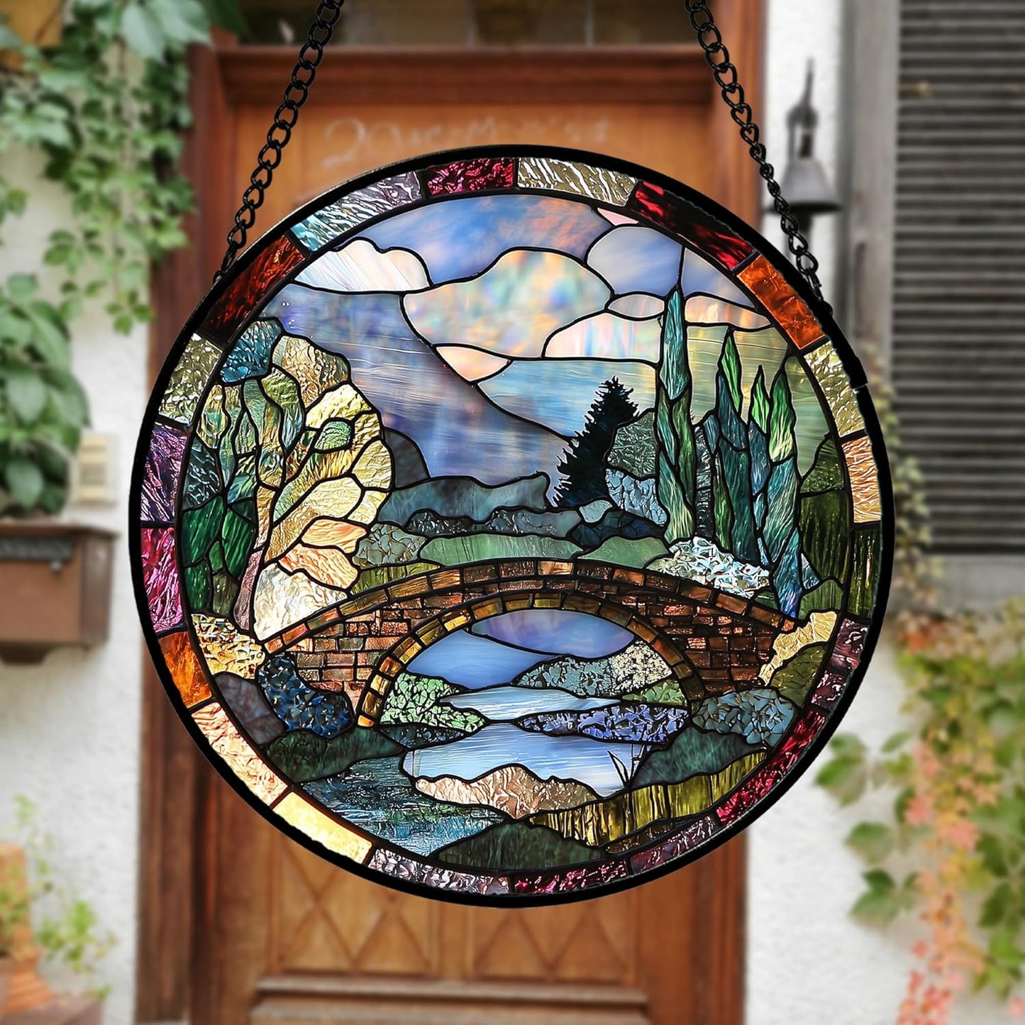 Stained Glass Window Hanging, Blue Landscape Arch Bridge Sun Catcher for Door Home Decor Suncatcher Christmas Mother's Day Birthday Gifts for Women Men Mom and Nana 6.3 in