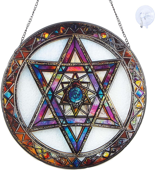 Star of David Suncatcher Stained Glass Window Hanging - 9.84inch Hand-Painted Sun Catcher Garden