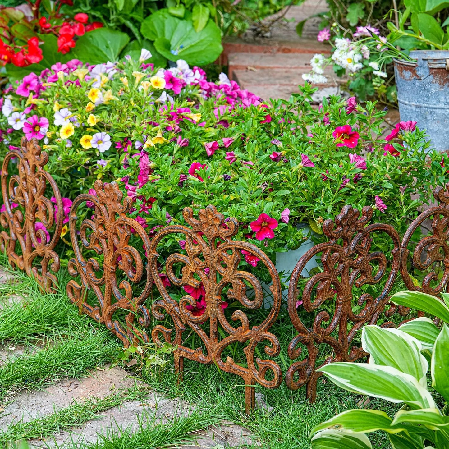 Sungmor Decorative Cast Iron Garden Edging, 4 Pack Full Rusted Victorian Garden Edging Landscape Border, Vintage Metal Yard Stake Low Picket Fence, 11.8" Tall Outdoor Flower Bed Lawn Fence Panels