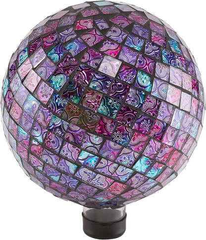 Alpine Corporation 10" Diameter Indoor/Outdoor Glass Mosaic Gazing Globe Yard Decoration, Purple Embossed Tile