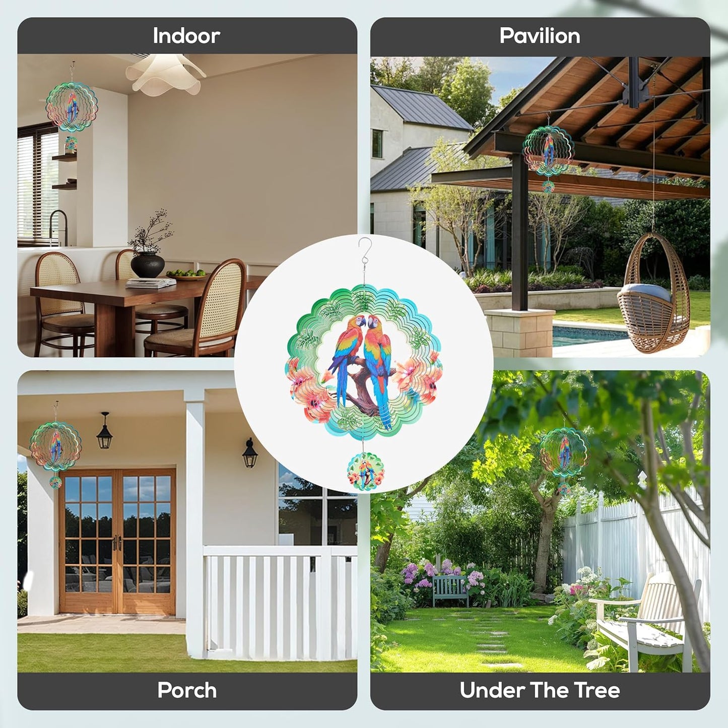 Parrot Ornaments, 12 Inches 3D Aluminum Metal Hanging Wind Spinners, for Garden Decor That Spins with The Help of Wind Energy.