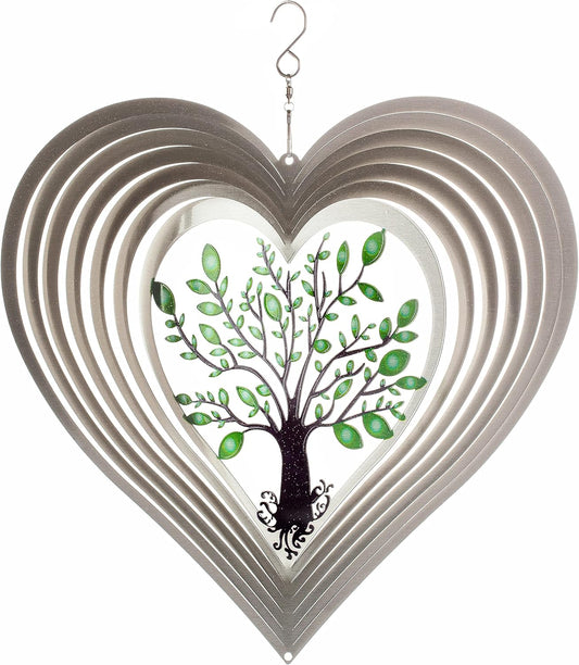 ISEO Silver Heart Wind Spinner for Yard and Garden, Hanging Outdoor Decor, Porch and Patio Decorations, Weather Resistant, 12”