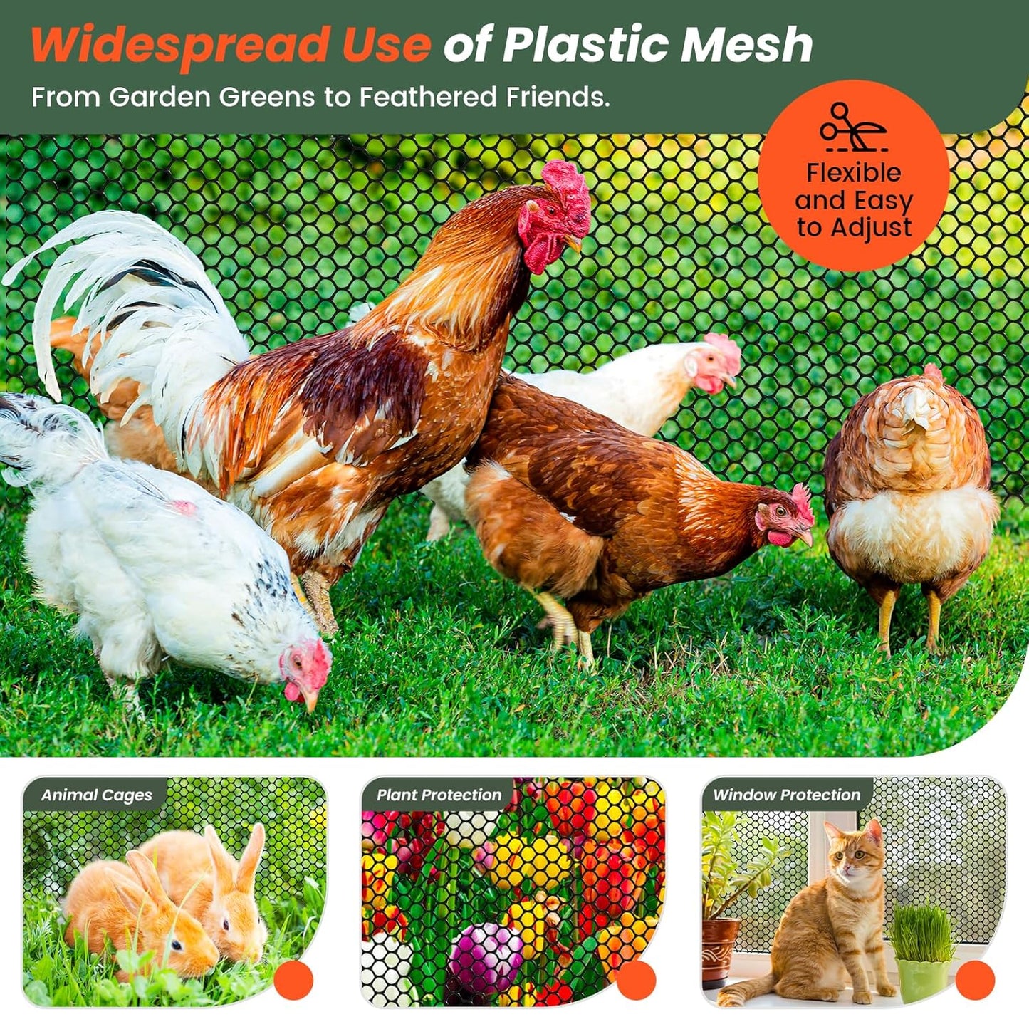 16IN x 50FT Plastic Chicken Wire Mesh, Chicken Wire for Floral Arrangements, Chicken Wire Mesh for Crafts with 100 Pcs Zip Ties, Mesh Fence for Dogs, Deers, Poultry