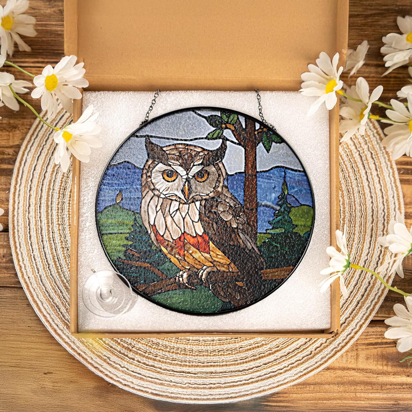 6" Owl Stained Glass Suncatchers Art Glass Owls for Sun Catcher Indoor Window Gifts for Pet Animal Nature Floral Lovers Women Grandma Mom Friend Painted Panel Décor BIRD-07B-SG6
