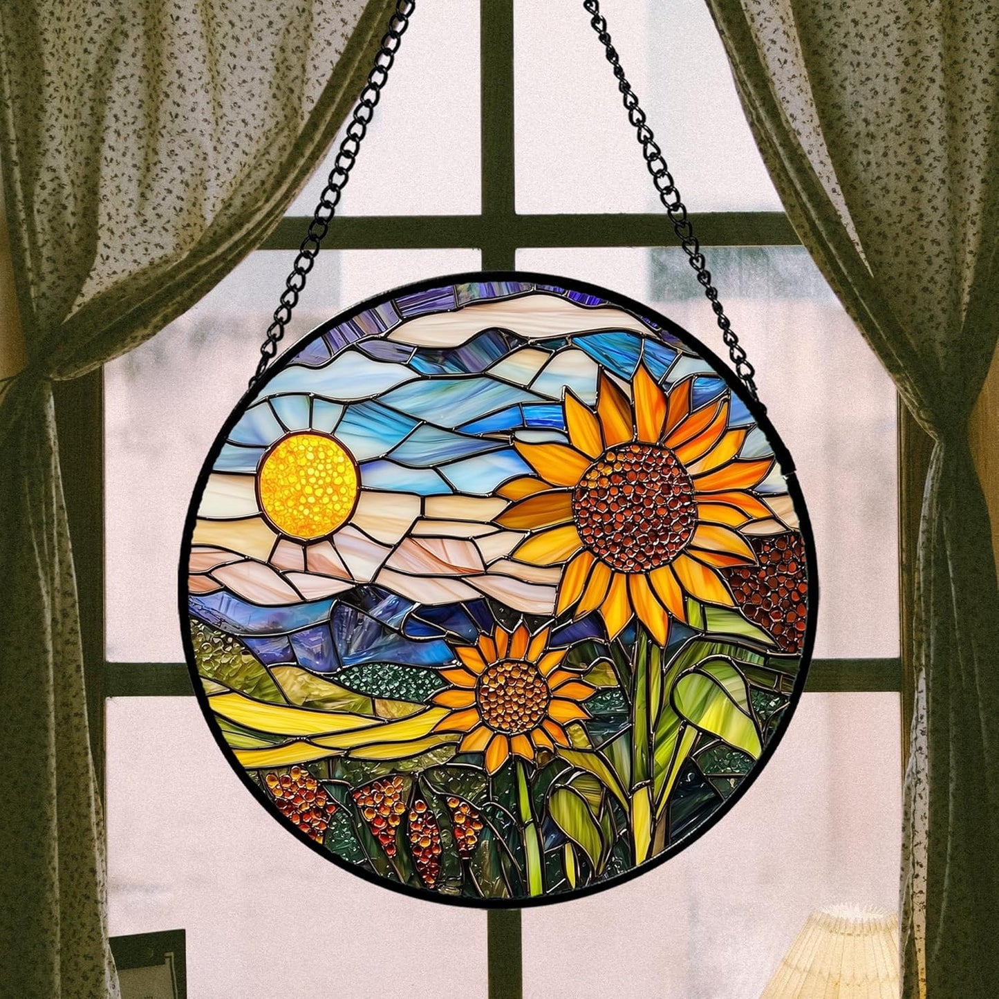 Stained Glass Suncatcher, Sunflower Flowers Landscape Sun Catcher Plant Mountains Stain Glass Window Hanging Decoration Mother's Day Birthday Gifts for Women Men Mom Nana 7.8 in