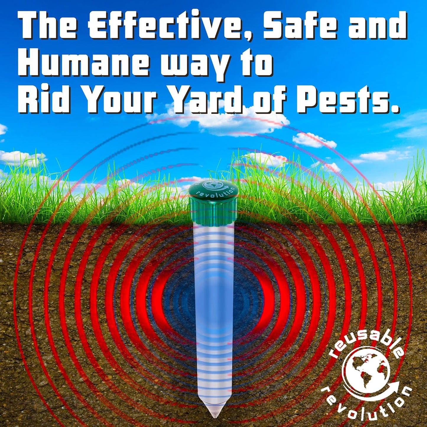 4 Pack Sonic Mole Chaser - Battery Operated Pest Repeller Stake, Scares Away Moles, Voles, Gophers and Rats by Reusable Revolution (Metal & Green)