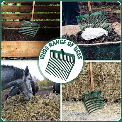 Lasnten 6 Pcs Manure Fork Replacement Head, 18 Tines Pitchfork Head with Screws and Nuts, Horse Manure Rake for Picking up Grass and Hay (Army Green)